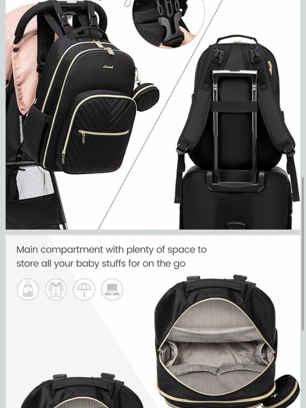 Lovevook Black Quilted Backpack Diaper Bag - 5-Piece Set - Picture 5 of 7